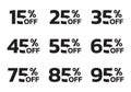 Price off label or badge set. Sale icons or tags with 15, 25, 35, 45, 55, 65, 75, 85, 95 percent discount. Vector illustration. Royalty Free Stock Photo